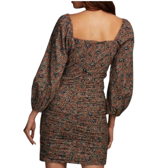 Veronica Beard Size 12 Nadi Mini Dress Puff Sleeve Ruched Cinnamon Multi Brown - Picture 2 of 11